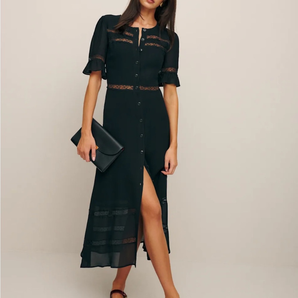 Reformation Black Midi Dress with Lace Details